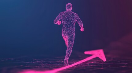 A digital figure runs forward, represented by a network of lines and nodes, symbolizing progress and technology in a vibrant, abstract backdrop.