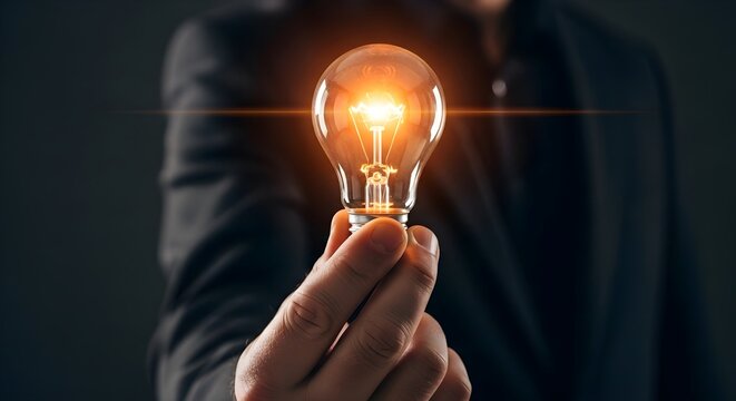 Brilliant idea man holds glowing lightbulb, sparking innovation and creative solutions for business success, modern thinking