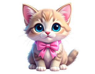 Cute Cartoon Kitten Sitting with Big Blue Eyes and Pink Bow Tie, Front View, Isolated PNG