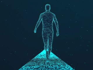 A digital silhouette of a person walking along a glowing path, representing technology, data, and the intersection of humanity and the digital world.