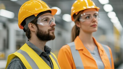 Two professionals in safety gear, including helmets and goggles, appear focused in an industrial environment, showcasing workplace safety and teamwork.
