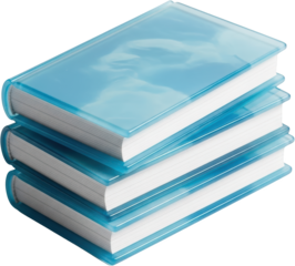 Stack of three blank blue translucent cover notebooks with white pages viewed from above isolated on black object stationery writing education knowledge information learning