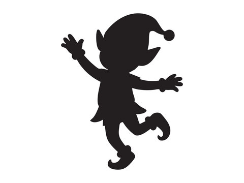 Black silhouette of christmas elf dancing joyfully, isolated on white background. concept of festive holiday, santa's helper, christmas spirit, seasonal decoration, icon, design element