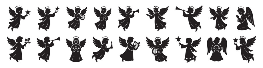 Black silhouettes of angels with musical instruments and stars, illustration. concept of christmas, new year, festive decor, holiday spirits, icon, design element