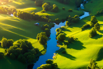 Drone view of serpentine river through picturesque valley
