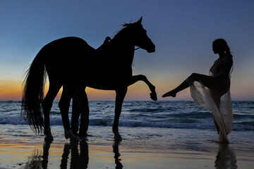 Girl and Horse Mirroring Each Other at the Beach During Sunset