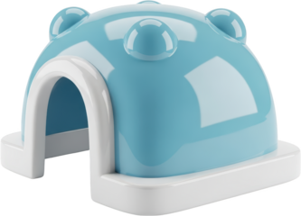 A shiny light blue igloo shaped pet house with a white arched entrance and a white base Three small rounded bumps protrude from the dome pet accessory animal shelter modern