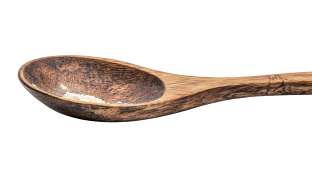 Rustic wooden spoon isolated on transparent background, highlighting its natural grain and texture, a timeless kitchen tool for cooking and serving food