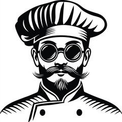 Stylish male chef with mustache, wearing glasses and chef's hat showcases unique style