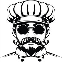 Monochrome chef portrait Man with mustache and hat wearing dark round sunglasses
