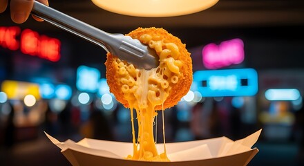 Crispy fried mac and cheese ball with gooey melted cheese dripping out