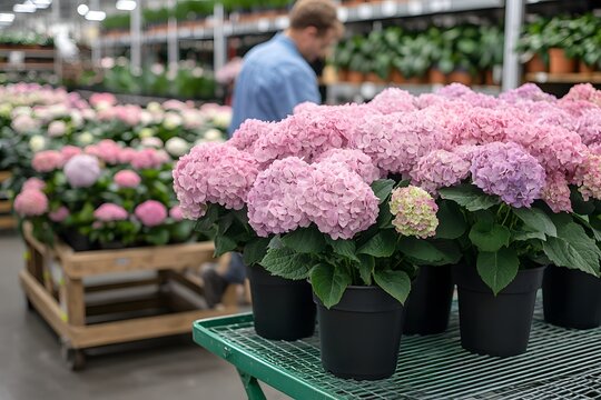 Pink hydrangea flowers in pots on a metal rack in a garden center - Powered by Adobe