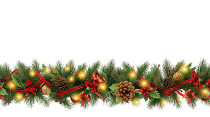 Christmas garland with pine branches, red ribbons, pine cones and glowing lights decor