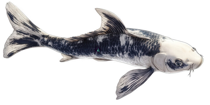 Unique black and white koi fish isolated on transparent background, showcasing its distinctive coloration and sleek body, a symbol of transformation and adaptability in nature