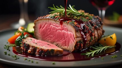 A succulent medium-rare roast beef tenderloin being drizzled with a rich red wine reduction sauce for a gourmet dining experience