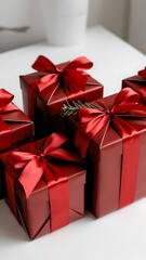 Obraz premium Close-up of elegantly wrapped red presents with decorative ribbons and one with a sprig, symbolizing giving and festive spirit.