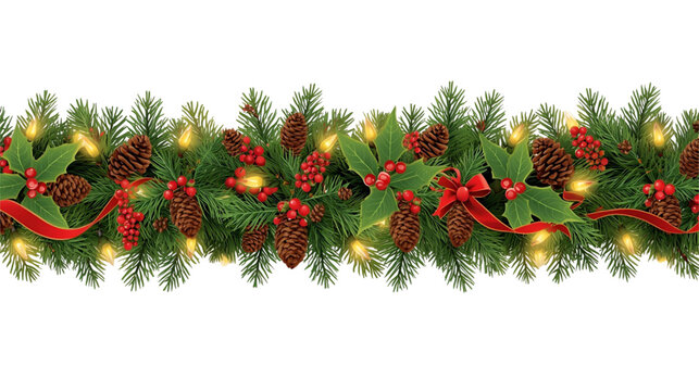A festive christmas garland with pine cones, holly berries, and a red ribbon design element