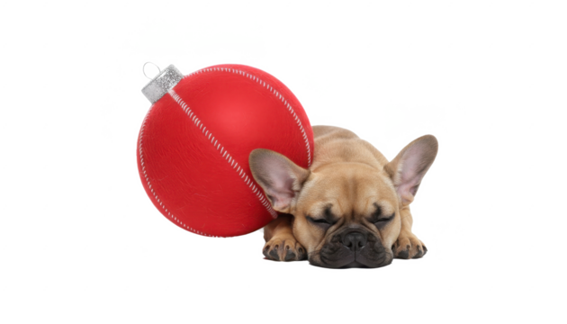 Sleeping French Bulldog Puppy With Red Christmas Ornament
