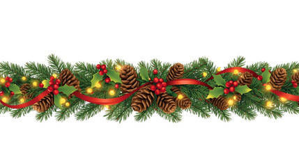 Christmas garland with pine cones, red ribbon, holly, berries and glowing lights decor
