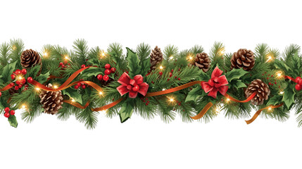 Christmas garland with pine cones, red berries, ribbons, and lights on a white background