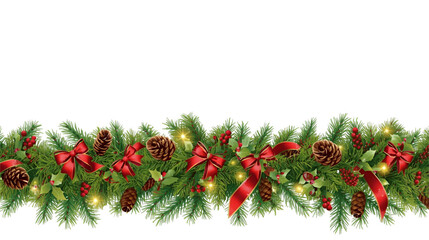 Festive christmas garland with pine branches, red bows, berries, and pine cones decor