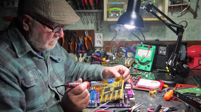 An elderly technician repairs computer equipment in a workshop using measuring instruments and technical tools. Slow motion.