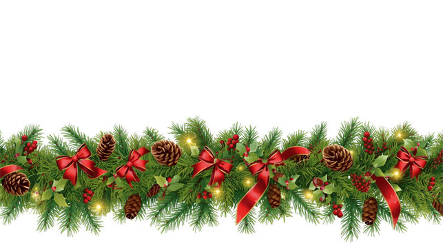 Festive christmas garland with pine branches, red bows, berries, and pine cones decor - Powered by Adobe