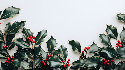 Close-up of holly leaves with red berries on a white background