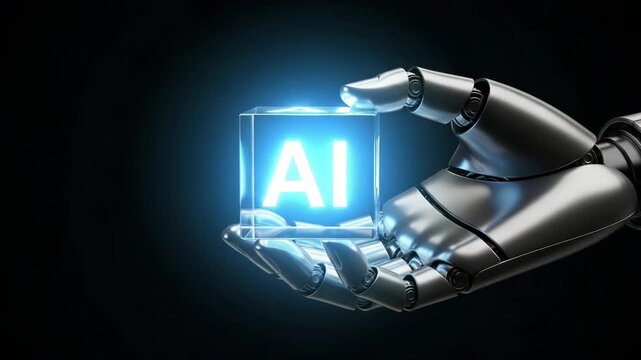 Futuristic robot hand holding glowing AI cube showcasing artificial intelligence advancements and technology innovations for business and lifestyle applications