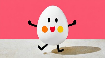 Cartoon egg character is jumping and smiling. The image has a playful and lighthearted mood. The egg character is the main focus of the image, and it is having fun and enjoying itself