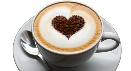 A warm and inviting cup of freshly brewed cappuccino with a delicate cocoa powder heart latte art on its creamy foam, transparent png 