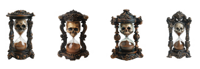 Four gothic skull hourglasses with intricate dark wood frames, isolated on transparent background