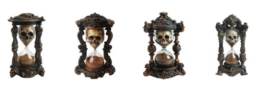 Four gothic skull hourglasses with intricate dark wood frames, isolated on transparent background
