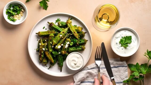 Grilled okra with dips with drink, and overhead view.