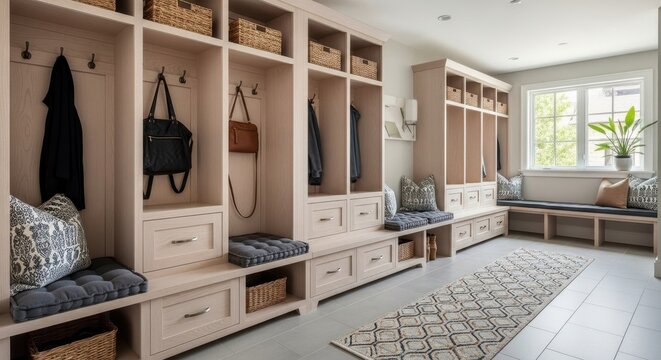 Modern mudroom with individual cubbies and bench seating