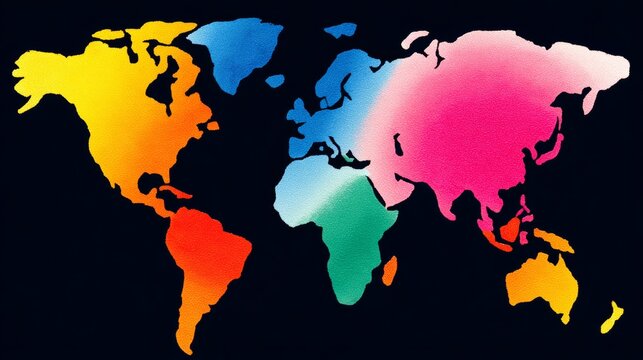 Colorful world map with the continents of Africa, Asia, Europe, North America, South America, and Australia