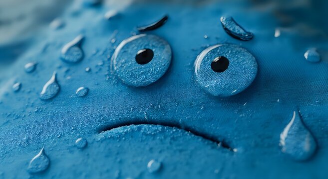 Close up of sad blue emoji character with water drop on textured surface