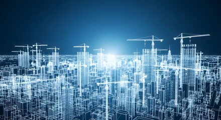 Futuristic glowing city skyline blueprint with construction cranes under a bright blue sky for modern architecture projects