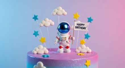 Birthday. Colorful birthday cake featuring an astronaut figurine, surrounded by whimsical clouds and stars, celebrating a joyful children's birthday party theme with vibrant decorations