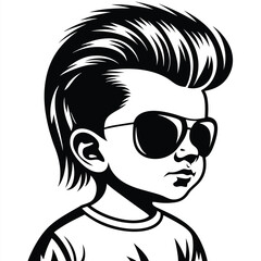 Monochrome boy with trendy quiff hairstyle wearing sunglasses exudes youthful coolness and confidence