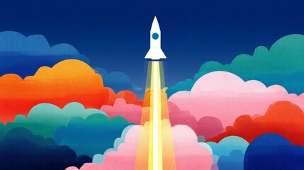 Colorful drawing of a rocket launching into the sky. The sky is filled with clouds of different colors, and the rocket is the main focus of the image. Scene is one of excitement and wonder