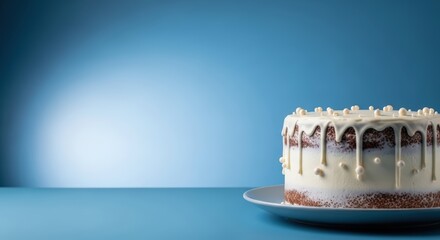 Birthday. Delicious chocolate birthday cake with creamy frosting, adorned with decorative sprinkles, placed on a blue background, perfect for children's celebrations and festive occasions