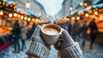 Cozy hands holding steaming coffee in a winter market scene with lights and snowflakes