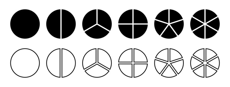 Pie chart or fraction of circle icons in black and white, representing data segments and chart patterns