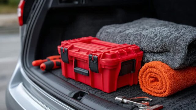 2Detailed view of red first aid kit and orange blanket positioned inside an SUV trunk, with coiled jumper cables and safety tools nearby, modern design emphasizing readiness and car