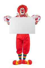 Funny clown holding sign blank template mock up for advertising, posters, greetings, invitations. Entertainer as Joker in a suit and wig, with clown whiteface makeup. © TSViPhoto