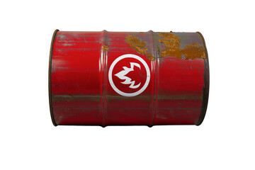 Red barrel or oil-drums with a flammable sign. Rusty dangerous barrel with fuel or crude oil on isolated background