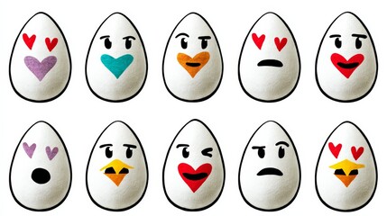 Collection of cartoon eggs with hearts and faces on them. The eggs are arranged in a row, with some of them having hearts on their faces and others having faces with different expressions
