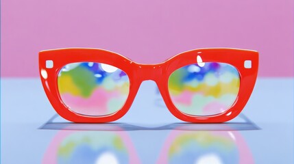 Pair of red sunglasses with rainbow colored lenses. The sunglasses are on a table with a pink background