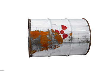 White or gray dirty barrel with radioactive waste. Nuclear warning sign. Rusty dangerous barrel with radionuclide, hazardous toxins on isolated background